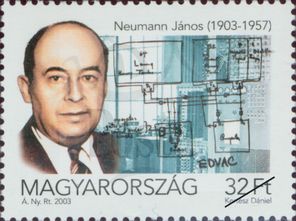 Neumann János portréja, a számítógép működésének leegyszerűsített rajza, EDVAC számítógép részlete / tervező Kertész Dániel